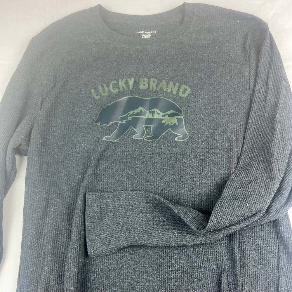Lucky Brand Men's Large Gray Waffle Knit Long Sleeve Graphic Sleepwear Bear
